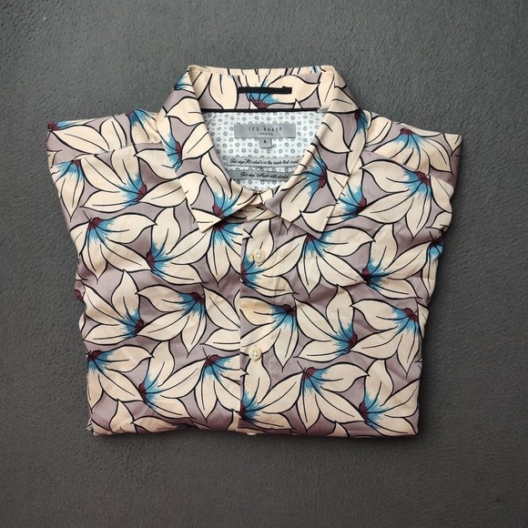 Ted Baker Shirt Mens Small Beige Blue Floral Short Sleeve Button Up Casual - Picture 1 of 9